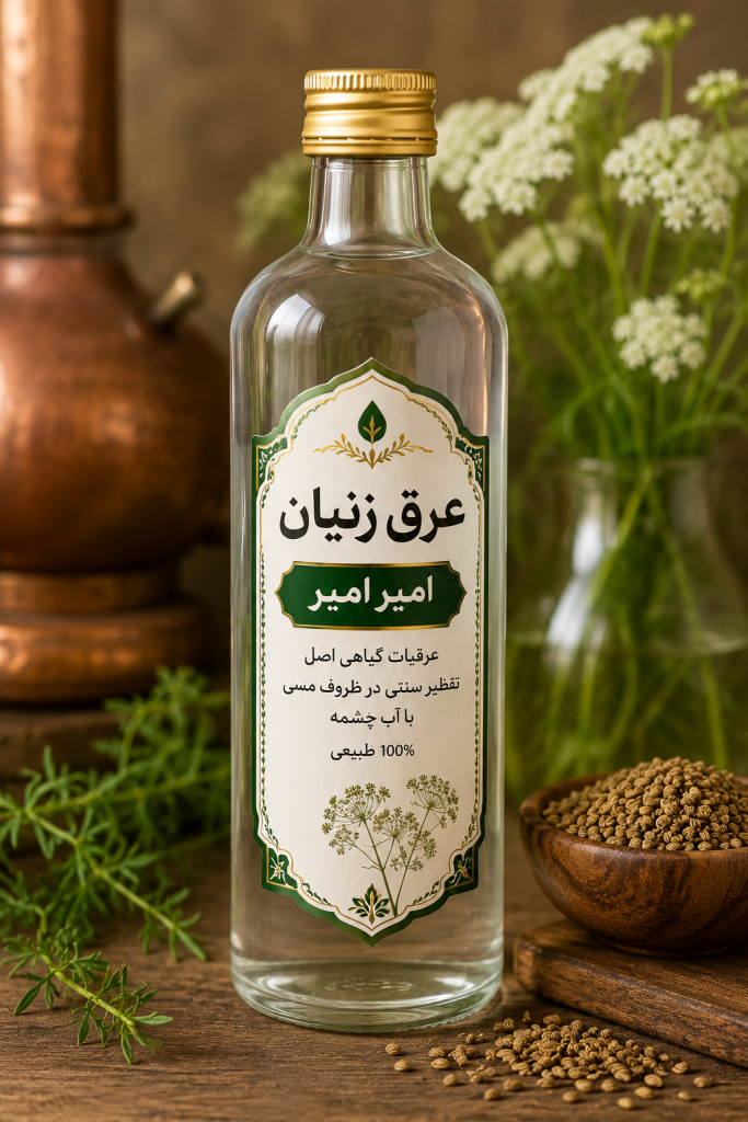 عرق زنیان طبیعی در ظرف شیشه ای تهیه‌شده از دانه‌های باکیفیت زنیان