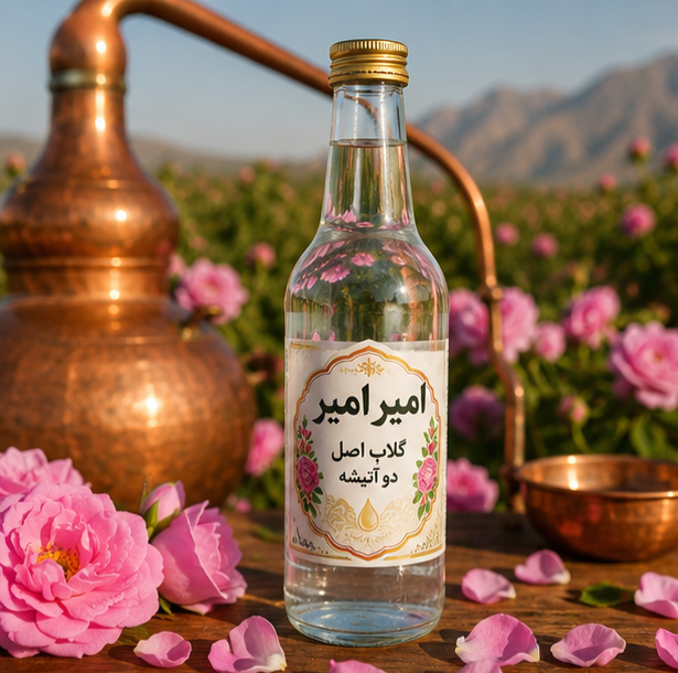 بطری گلاب طبیعی تهیه شده از گل محمدی تازه و به صورت سنتی