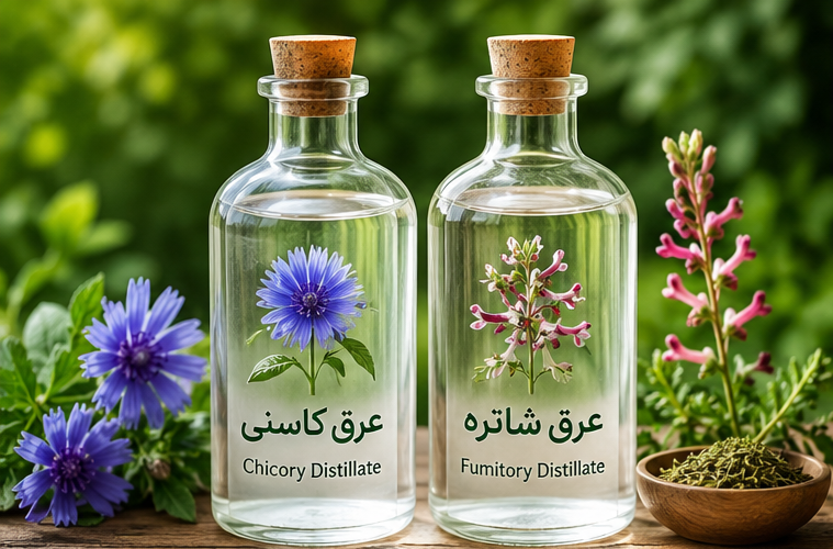 انواع عرقیات گیاهی طبیعی و سنتی در ظروف شیشه ای در طبیعت