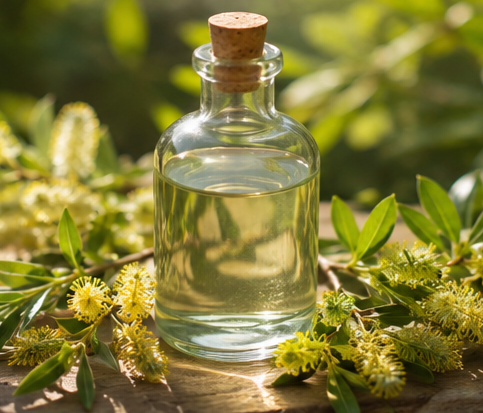 عرق بیدمشک خالص در طرف شیشه ای همراه با گیاهان بیدمشک