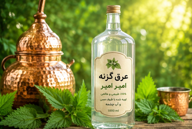 بطری عرق گزنه اصل تهیه‌شده با ظروف مسی و آب چشمه
